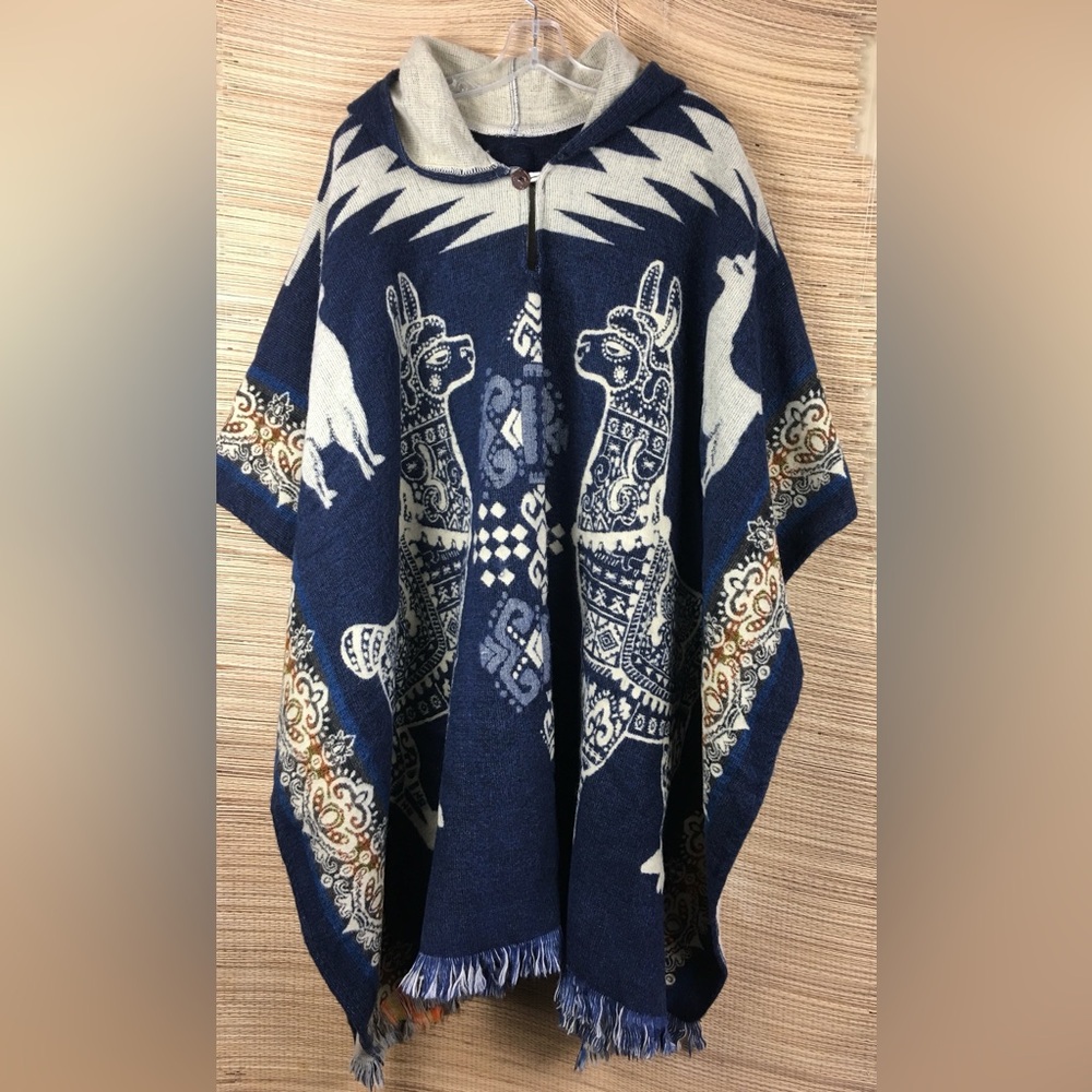 Alpaca Wool Hooded Poncho Llama Andean Handmade Fringe Boho Festival Unisex Cape - Picture 7 of 12